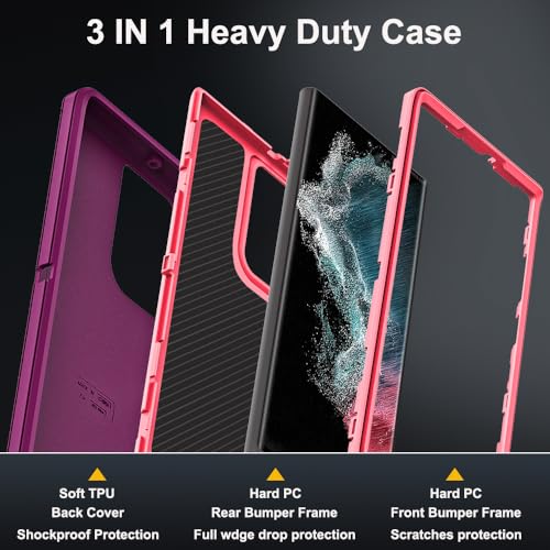 for Samsung Galaxy S22 Ultra Case with 2Pcs Self Healing Flexible TPU Screen Protector & Camera Lens Protector, 3 in 1 Heavy Duty Shockproof/Drop Proof/Dust Proof Case (Wine Red/Rose Pink) - color: Wine Red/Rose Pink