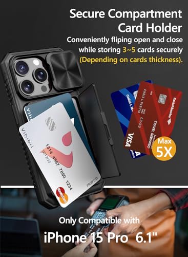 Vihibii for iPhone 15 Pro Case Wallet with Card Holder (4 Cards), Black | Slide Camera Cover, Kickstand, Military Grade Drop Protection, Rugged Hard Back, Silicone Edge Wallet Phone Case, 2023, Black - color: Black, size: iPhone 15 Pro