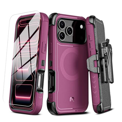 M MYBAT PRO for iPhone 17 Pro Case with Belt Clip Holster,[Compatible with Magsafe] w/Screen Protector,Anti-Drop,Shockproof,w 360°Rotating Kickstand,Heavy Duty Protection (Plum) - color: Plum