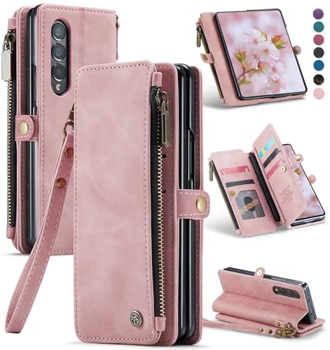 Defencase for Samsung Galaxy Z Fold 4 Wallet Case with Card Holder, Pink | Durable Soft PU Leather, RFID Blcking Zipper Pocket, with S-Pen Holder & Strap, Flip Phone Cases with Stand for Women Men - color: Airy Rose Pink