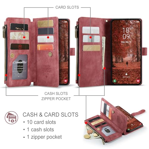 Compatible with Samsung Galaxy S26 Wallet Case,with Card Holder Kickstand Magnetic Zipper Pocket Lanyard Strap Wristlet,Leather Flip Case Wallet for Samsung Galaxy S26 5G 6.3 Inch (Red) - color: Red, size: S26 6.3 Inch