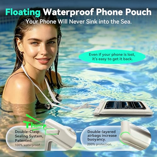 Floating Waterproof Phone Pouch 2 Pack - Dual Floatable Airbags Up to 7.2", IPX8 Waterproof Phone Dry Bag with Lanyard for Beach, for iPhone 17 16 15 Samsung Galaxy Etc., White + White - color: White + White