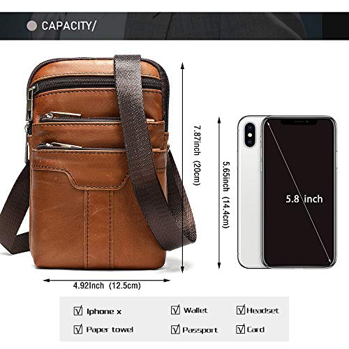 Cell Phone Shoulder Bag Leather Men, Waterproof Phone Waist Bag Messenger Bag Crossbody Purse with Belt Loop Wallet Case - color: Brown