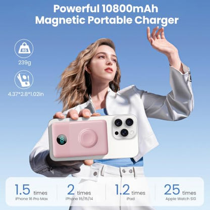 Ekrist Magnetic Portable Charger 10800mAh for MagSafe with Built-in Cable,iWatch Charger,Wireless Power Bank Travel Essentials,25W Fast Charging Battery Pack for iPhone 17/16/15/14,Apple Watch(Pink) - color: Pink