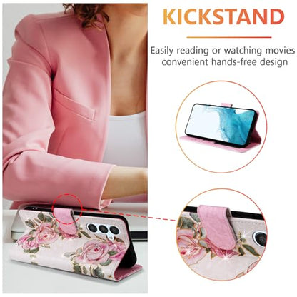 UEEBAI Wallet Case for Samsung Galaxy A16 4G/5G, PU Leather Phone Cover Kickstand RFID Blocking Flip Case Card Slots Wrist Strap Relief Engraved Pattern Magnetic Closure Folio Cover - White Rose - color: White Rose, size: Samsung Galaxy A16 4G/5G