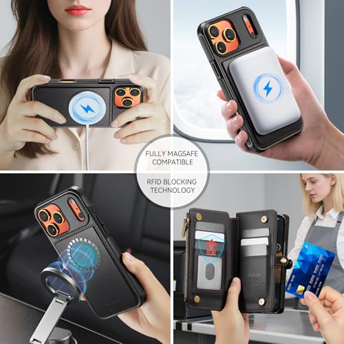 Defencase for iPhone 17 Pro Max Case Wallet Compatible with Magsafe, Black | Drop-Proof Magnetic Detachable Phone Cases Cover, with RFID Bolcking Card Holder, Zipper Strap, PU Leather, Removable Wallet - color: (Detachable with Magsafe)-Black