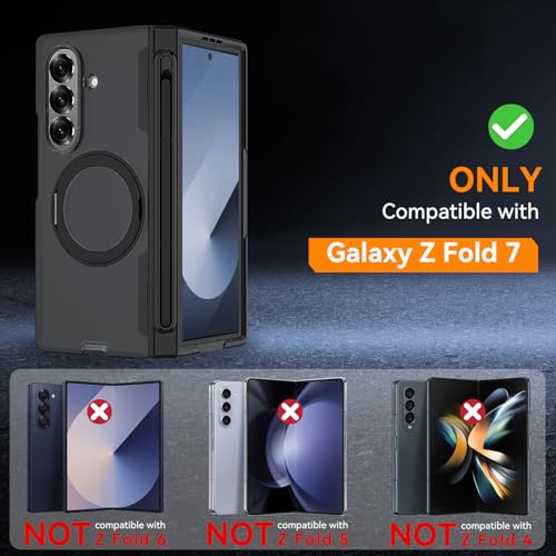 Upgraded 360° Spin Magnetic Invisible Ring Stand for Samsung Galaxy Z Fold 7 Case,[Compatible with MagSafe][S Pen Holder][Hinge Protection][Screen Protector],Shockproof Full Body Phone Cover(Black-1) - color: Black-1