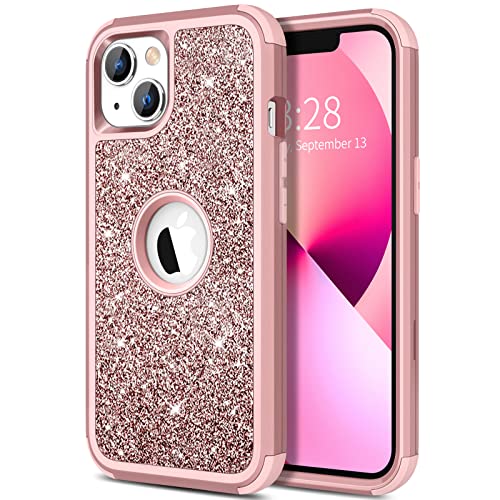 Hython Case for iPhone 13 Case Glitter, Cute Sparkly Shiny Bling Sparkle Cover, Heavy Duty 3 in 1 Hybrid Hard PC Soft TPU Bumper Full Body Shockproof Protective Phone Cases for Women Girls, Rose Gold - color: Rose Gold