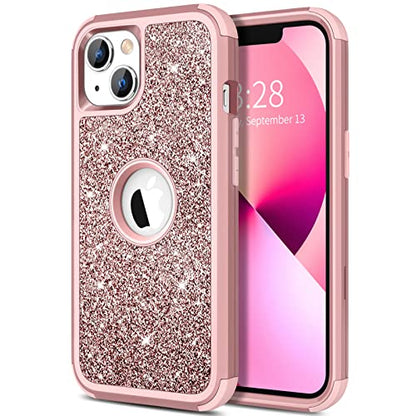 Hython Case for iPhone 13 Case Glitter, Cute Sparkly Shiny Bling Sparkle Cover, Heavy Duty 3 in 1 Hybrid Hard PC Soft TPU Bumper Full Body Shockproof Protective Phone Cases for Women Girls, Rose Gold - color: Rose Gold