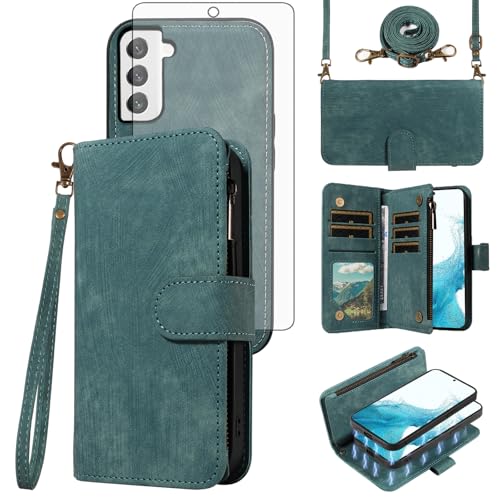Asuwish Phone Case for Samsung Galaxy S22 5G Zipper Wallet Detachable Magnetic Cover with Tempered Glass Screen Protector Crossbody Lanyard Strap Card Holder S 22 22S 4G G5 6.1 inch Women Girls Blue - color: Blue