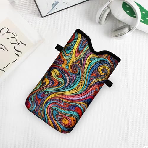 Men Women Neoprene Cell Phone Sleeve Pouch Case Bag with Crossbody Strap/Neck Lanyard 7.5 X 4.3 in (Vibrant Abstract Fluid Swirl Pattern) - color: Vibrant Abstract Fluid Swirl Pattern