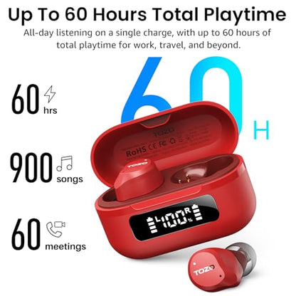 TOZO NC9 Hybrid Active Noise Cancelling Wireless Earbuds, 60H, LED Display - color: Red