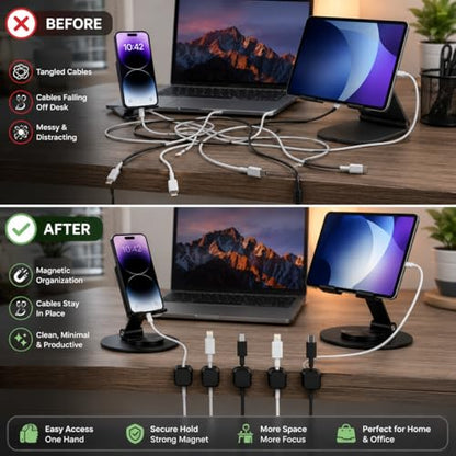 Phone & Tablet Stand for Desk (2 peice) with 6 Magnetic Cable Organizer Clips, 360 Rotating Adjustable Height Stand, Compatible with iPhone, iPad, All Smartphones Tablets, Desk Organization Bundle.