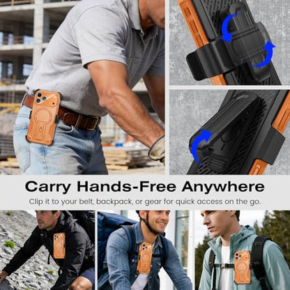 Caka 4-in-1 for iPhone 17 Pro Max Case with Belt Clip Holster and Stand | HD Glass Screen & Camera Lens Protector, Compatible with MagSafe, Hidden Kickstand, Rugged Heavy Duty Shockproof Phone Cover - color: Orange