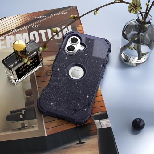 IDweel for iPhone 17 Case with Screen Protector for Women, 3 in 1 Shockproof Slim Fit Hybrid Heavy Duty Hard PC Cover Soft Silicone Bumper Full Body Anti-Fingerprint Case, Glitter Black/Blue - color: Glitter Black/Blue