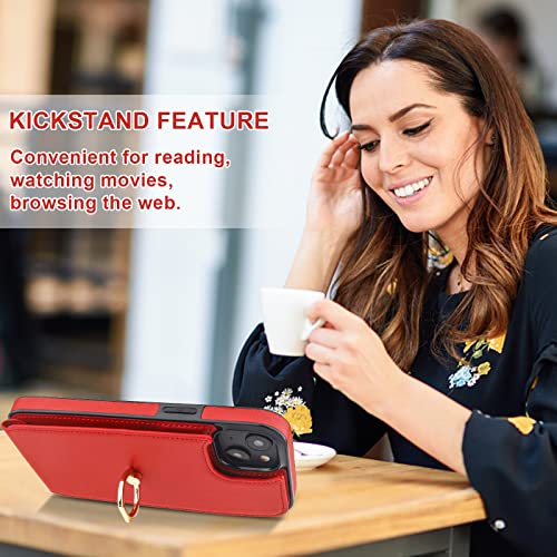 Folosu Compatible with iPhone 14 Plus Case Wallet with Card Holder, 360°Rotation Finger Ring Holder Kickstand, RFID Blocking Leather Protective Double Buttons Shockproof Cover 6.7 Inch Red - color: Red, size: iPhone 14 Plus
