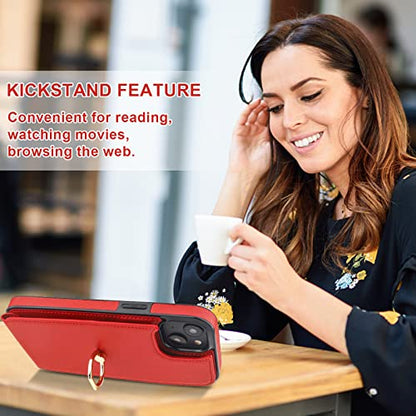 Folosu Compatible with iPhone 14 Plus Case Wallet with Card Holder, 360°Rotation Finger Ring Holder Kickstand, RFID Blocking Leather Protective Double Buttons Shockproof Cover 6.7 Inch Red - color: Red, size: iPhone 14 Plus