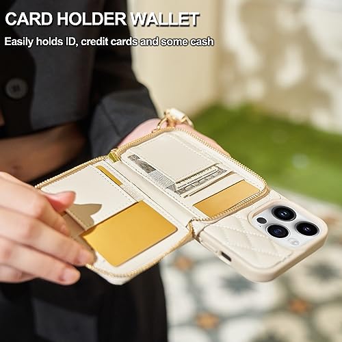 LAMEEKU Wallet Case Compatible with iPhone 13 Pro Max, Crossbody Quilted Leather Card Holder with Chain Strap Protective Bumper Cover for iPhone 13 Pro Max, 6.7 Inch-Beige - color: Beige-01, size: iPhone 13 Pro Max-6.7"