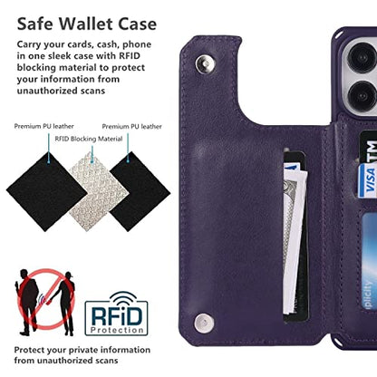 iCoverCase Compatible with iPhone 14 Pro Max Wallet Phone Case with Card Holder for Women, RFID Blocking Embossed PU Leather Wrist Strap Case 6.7 Inch (Heart Dark Purple) - color: H-Dark Purple