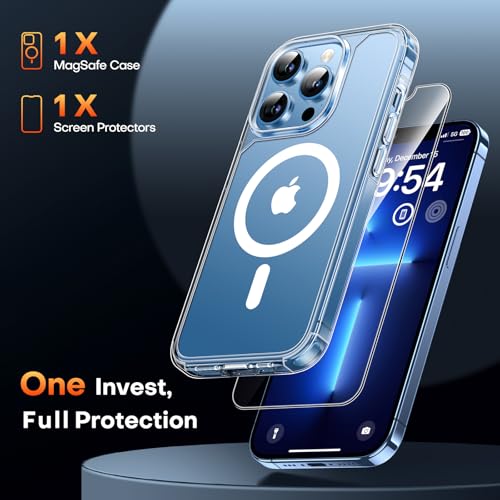 TAURI for iPhone 13 Pro Case, Compatible with MagSafe, Clear | with Screen Protector, Not-Yellowing Military-Grade Protection, Shockproof Slim Magnetic Case for iPhone 13 Pro - color: A-Magnetic Clear
