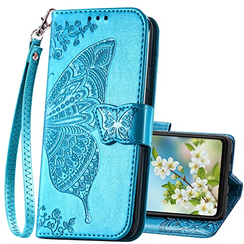 for Moto G Power 2022 Case Wallet,Women Flip Cover,Blue | Butterfly Embossed PU Leather Kickstand Credit Card Holder Slots Magnetic Wrist Strap Purse - color: Blue