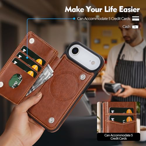 SkyEagle Compatible with MagSafe iPhone 17 Air Case Wallet,Brown | Magnetic Clasp,RFID Blocking,PU Leather,Flip Folio Shockproof Phone Cover,with Credit Card Slots & Kickstand for Men & Women - color: Brown, size: iPhone 17 Air - 6.5"