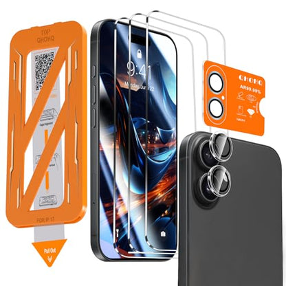 QHOHQ [1-Second Auto-Install] 3 Pack Screen Protector for iPhone 17 + 1 Set Camera Lens Protector, 9H+ Shatterproof Tempered Glass, [12FT Military Grade Protection], Anti-Fingerprint, Case Friendly - size: iPhone 17 6.3 Inch
