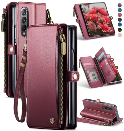 Defencase for Samsung Galaxy Z Fold 4 Wallet Case with Card Holder, WineRed | Durable Soft PU Leather, RFID Blcking Zipper Pocket, with S-Pen Holder & Strap, Flip Phone Cases with Stand for Women Men - color: Wine Red