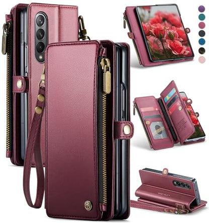 Defencase for Samsung Galaxy Z Fold 4 Wallet Case with Card Holder, WineRed | Durable Soft PU Leather, RFID Blcking Zipper Pocket, with S-Pen Holder & Strap, Flip Phone Cases with Stand for Women Men - color: Wine Red