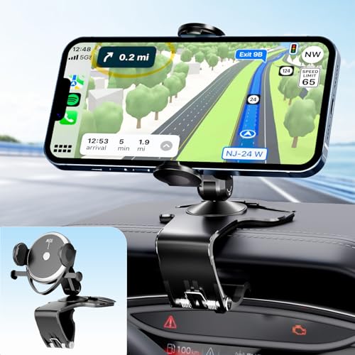 Dashboard Car Phone Holder, Universal 360° Rotation Dash Phone Mount for Car, Multifunctional Dashboard Clip Phone Bracket, Hands-Free Cell Phone Holder Stand Compatible with iPhone & Android (Black)