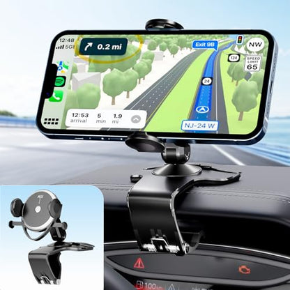Dashboard Car Phone Holder, Universal 360° Rotation Dash Phone Mount for Car, Multifunctional Dashboard Clip Phone Bracket, Hands-Free Cell Phone Holder Stand Compatible with iPhone & Android (Black)