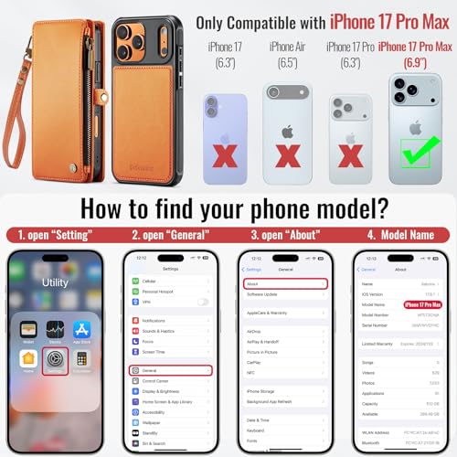 Defencase for iPhone 17 Pro Max Case Wallet Compatible with Magsafe, Orange | Drop-Proof Magnetic Detachable Phone Cases Cover, with RFID Bolcking Card Holder, Zipper Strap, PU Leather, Removable Wallet - color: (Detachable with Magsafe)-Orange