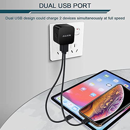 2Pack USB Wall Chargers 2.4A Dual Port Fast Charger Block Square Flat Power - color: Black, style: 2Pack USB Wall Chargers