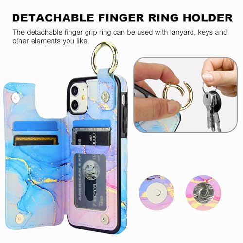 HAOPINSH for iPhone 11 Wallet Case with Card Holder, Pink Blue Marble Print Back Flip Folio PU Leather Kickstand Card Slots Case, Finger Grip Ring Double Magnetic Clasp Shockproof 6.1" - color: Pink Blue Marble Grip Ring