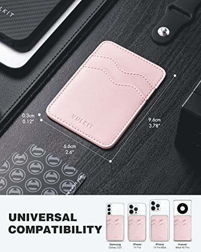 VULKIT Stick on Card Holder Compatible for iphone Leather Cell Phone Wallet Credit Card Case Strong Sticker for Women - color: Pink