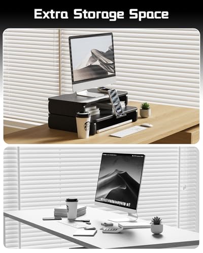 Wooden Monitor Stand Riser with Hidden Phone Holder, Black