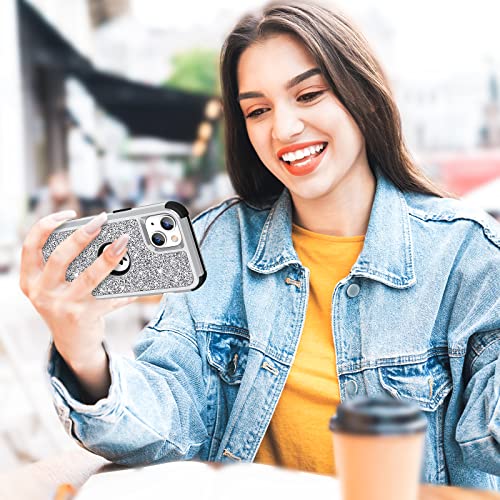 Hython Case for iPhone 13 Case Glitter, Cute Sparkly Shiny Bling Sparkle Cover, Heavy Duty 3 in 1 Hybrid Hard PC Soft TPU Bumper Full Body Shockproof Protective Phone Cases for Women Girls, Silver - color: Silver
