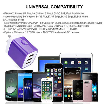 3 Port USB Wall Charger - Multi-Port USB Plug, 5V 3.1A Compatible with iPhone 14/13/12/11/Xs/XR/8/7/6S, Samsung Galaxy S23/S22/S21/A14/A13/Note 20, LG V20/V30/V35 THINQ Q7 - color: Purple