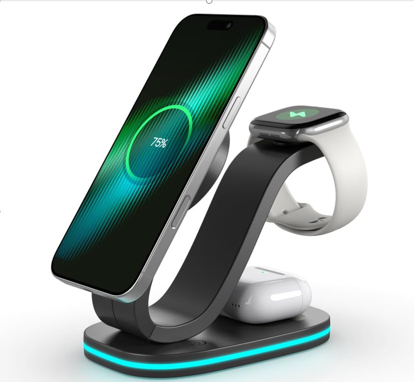 3 in 1 Qi Certified Wireless Charging Station, Multi Device Charging Dock with LED Night Light for Cell Phones, Smart Watches & Wireless Earbuds, ABS PC Charger Stand for Bedroom Desk (Black) - color: black out