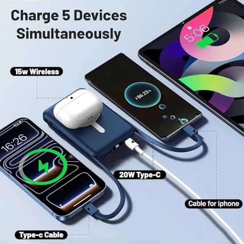 Azmuth for MagSafe Portable Charger, 10000mAh Magnetic Power Bank | 20W PD Fast Charging Magnetic Travel Charger with Dual USB-C LED Display for iPhone 17/16/15/14/13/12 Series - color: Blue