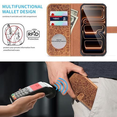 Genuine Leather Wallet Case for iPhone 17 Pro, Brown | 2-in-1 Magnetic Detachable, Flip Folio Cover, Card Slots, RFID Blocking, Shockproof Protection - color: Brown, size: 17 Pro 6.3‘’