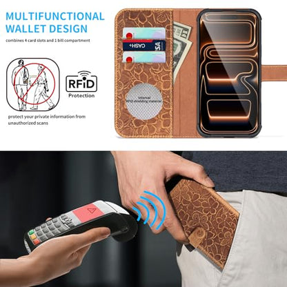 Genuine Leather Wallet Case for iPhone 17 Pro, Brown | 2-in-1 Magnetic Detachable, Flip Folio Cover, Card Slots, RFID Blocking, Shockproof Protection - color: Brown, size: 17 Pro 6.3‘’