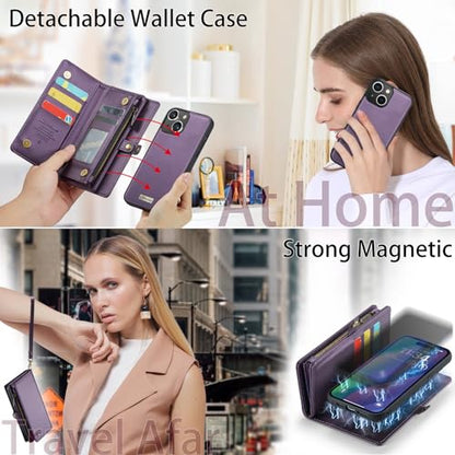 Compatible with iPhone 15 Plus Wallet Case with Magsafe,Purple | Magnetic Detachable Case,Card Holder,Zipper Pocket,Strap Wristlet, Soft Leather Drop-Proof Phone Case for iPhone 15 Plus 6.7" - color: Purple, size: iPhone 15 Plus 6.7"