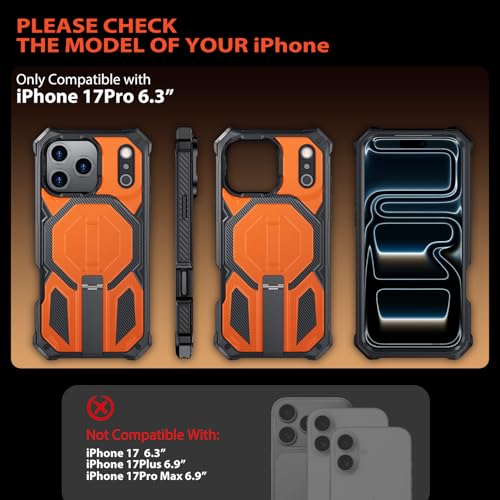 for iPhone 17 Pro Max Case with Kickstand, [15FT Military-Grade Drop Protection] [Compatible with MagSafe] Rugged Shockproof Heavy Duty Magnetic iPhone 17 Pro Max Phone Case Cover (Orange) - color: Orange