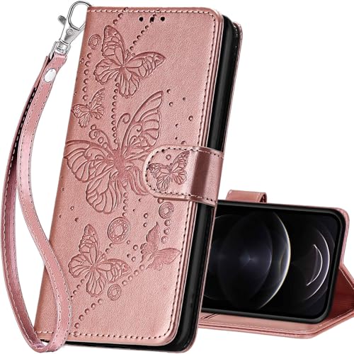 for iPhone 13/14 Wallet case, Rose Gold-Butterfly | 3 Card Holders, Kickstand, Shockproof TPU Shell, PU Leather, Magnetic Closure, Protective Flip Folio Cover, Women - color: 6