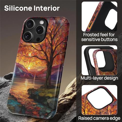 Magnetic Phone Case for iPhone 16 Pro Max,Compatible with MagSafe,Durable 2 Layers Full Covered Shockproof Protective Cover-Stained Glass Sunrise Fall Leaves - color: Stained Glass Sunrise Fall Leaves, size: iPhone 16 Pro Max