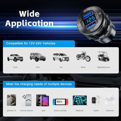 2 Pack 12V USB Outlet 4 Port Car Boat Marine Charger Voltmeter - color: 2PD+2USB(2Pack)
