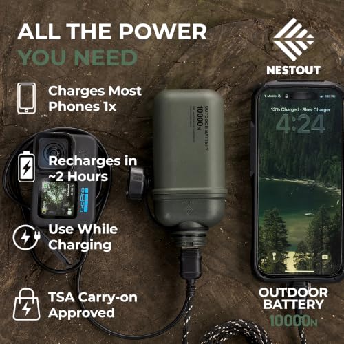 NESTOUT Rugged Power Bank, 10000mAh Outdoor Battery Charger, 20W USB-C Fast Charging PD, Waterproof IP67, Durable Shockproof, Battery Pack for iPhone Hiking Travel Camping (Olive Green, 10000mAh) - color: Olive Green