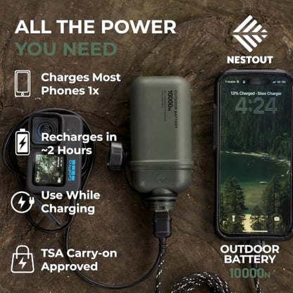 NESTOUT Rugged Power Bank, 10000mAh Outdoor Battery Charger, 20W USB-C Fast Charging PD, Waterproof IP67, Durable Shockproof, Battery Pack for iPhone Hiking Travel Camping (Olive Green, 10000mAh) - color: Olive Green