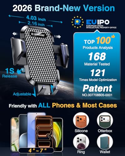 [True Military-Grade] Car Phone Holder VANMASS [Upgraded Strongest Suction&Clip] Cell Phone Mount for Dashboard Windshield Vent Kit, Truck Cradle Stand for iPhone 18 Pro Max 17 16 15 Android,Ink Black - color: Ink Black